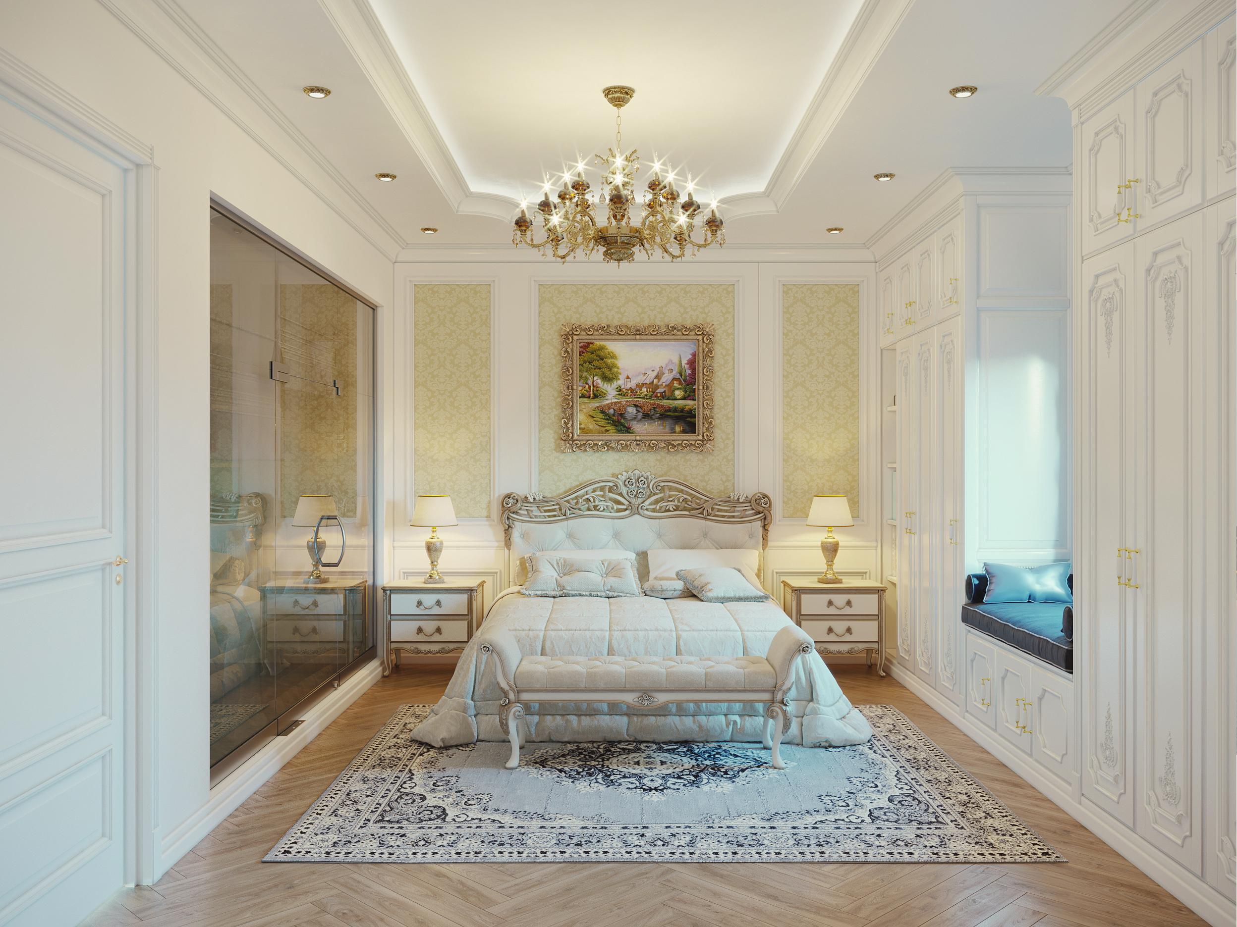 Phòng ngủ trong thiết kế nội thất cổ điển với màu trắng chủ đạo