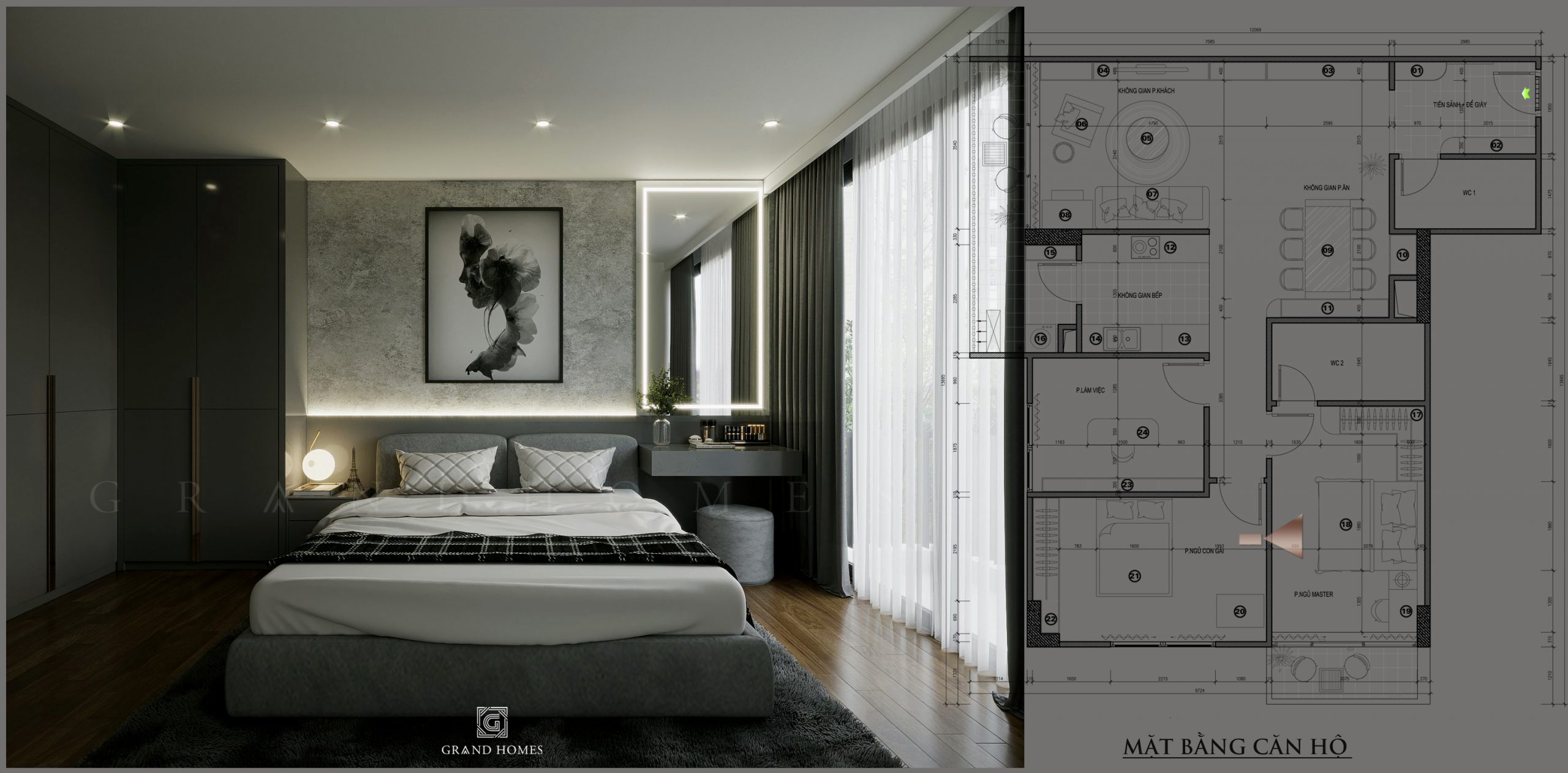 Phòng ngủ Master trong thiết kế nội thất chung cư 105m2