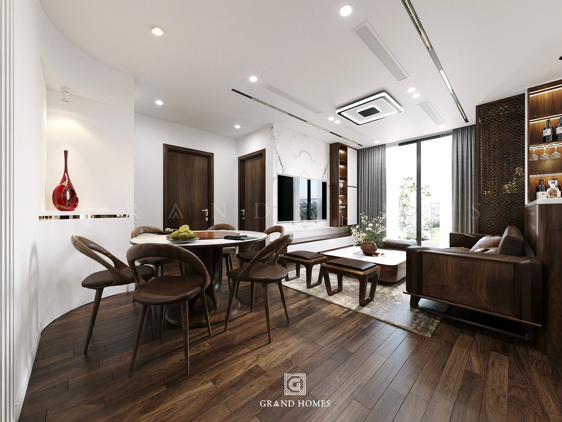 Thiết kế phòng khách độc đáo khi chủ yếu nội thất chất liệu là gỗ