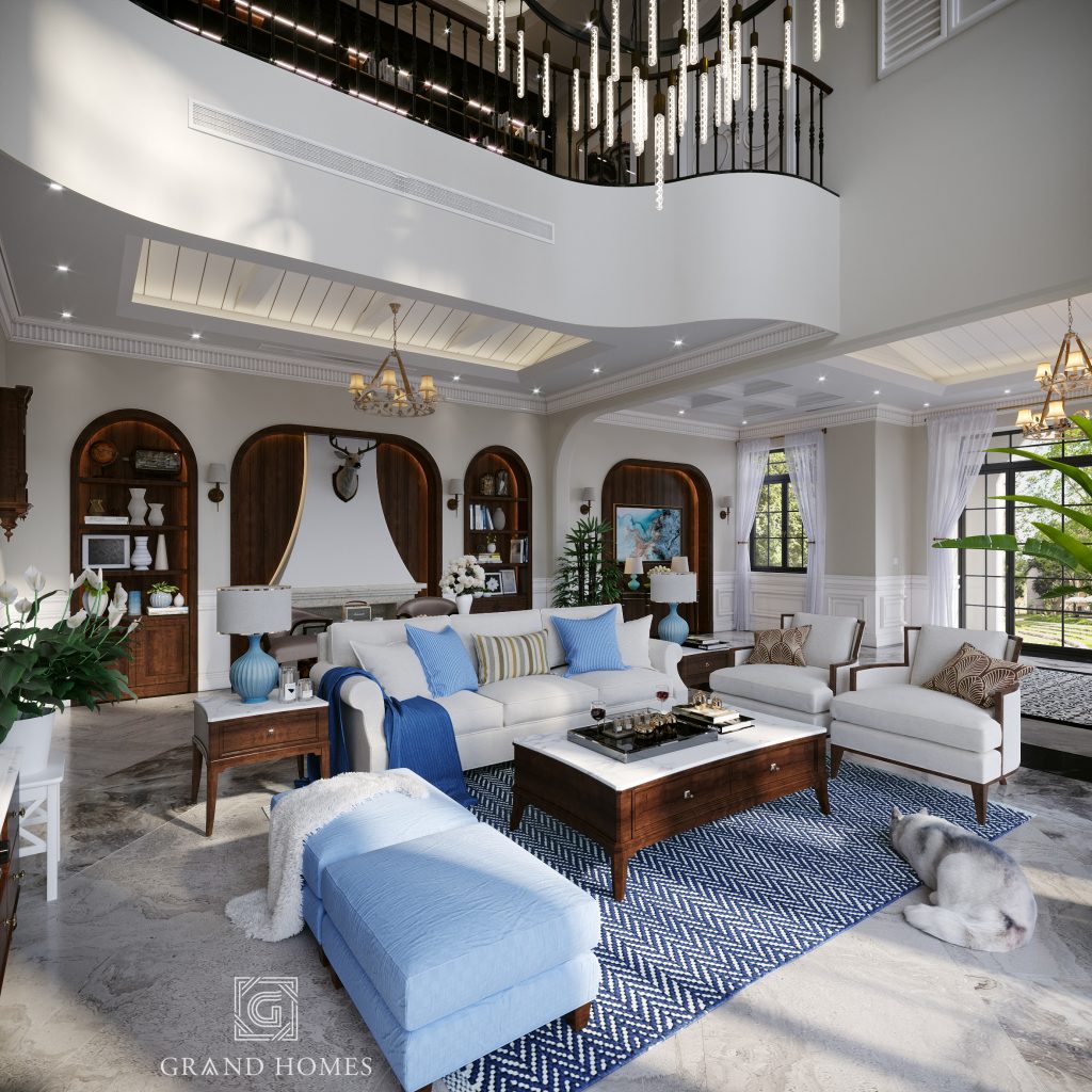 Phòng khách Địa Trung Hải sử dụng gam màu trắng - xanh dương mát mẻ