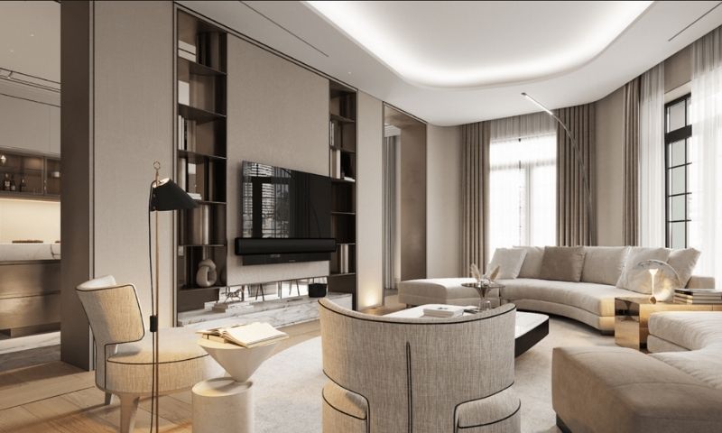 Bộ sofa cong độc đáo trong thiết kế nội thất chung cư 150m2