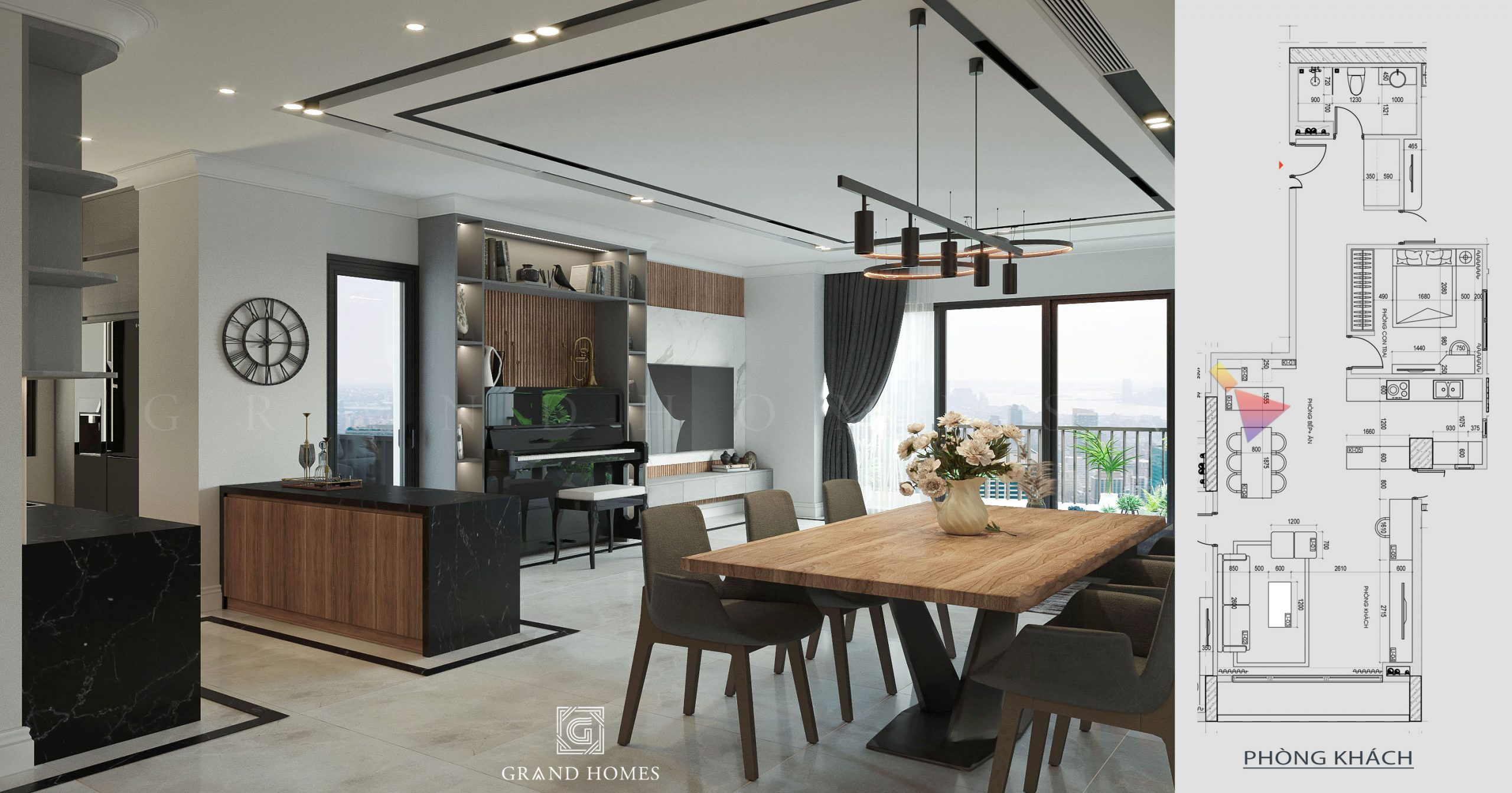 Một mẫu thiết kế nội thất căn căn hộ chung cư 95m2 phong cách hiện đại