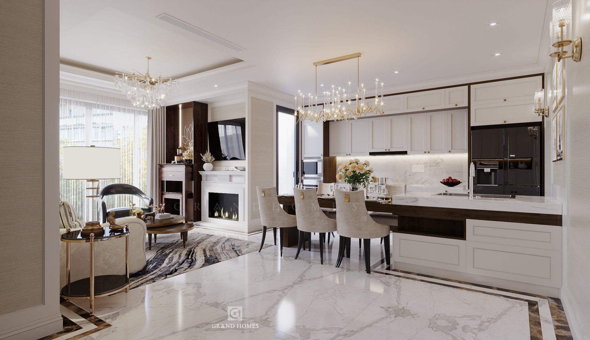 Thiết kế không gian phòng khách và phòng bếp kết nối với nhau để tối ưu không gian