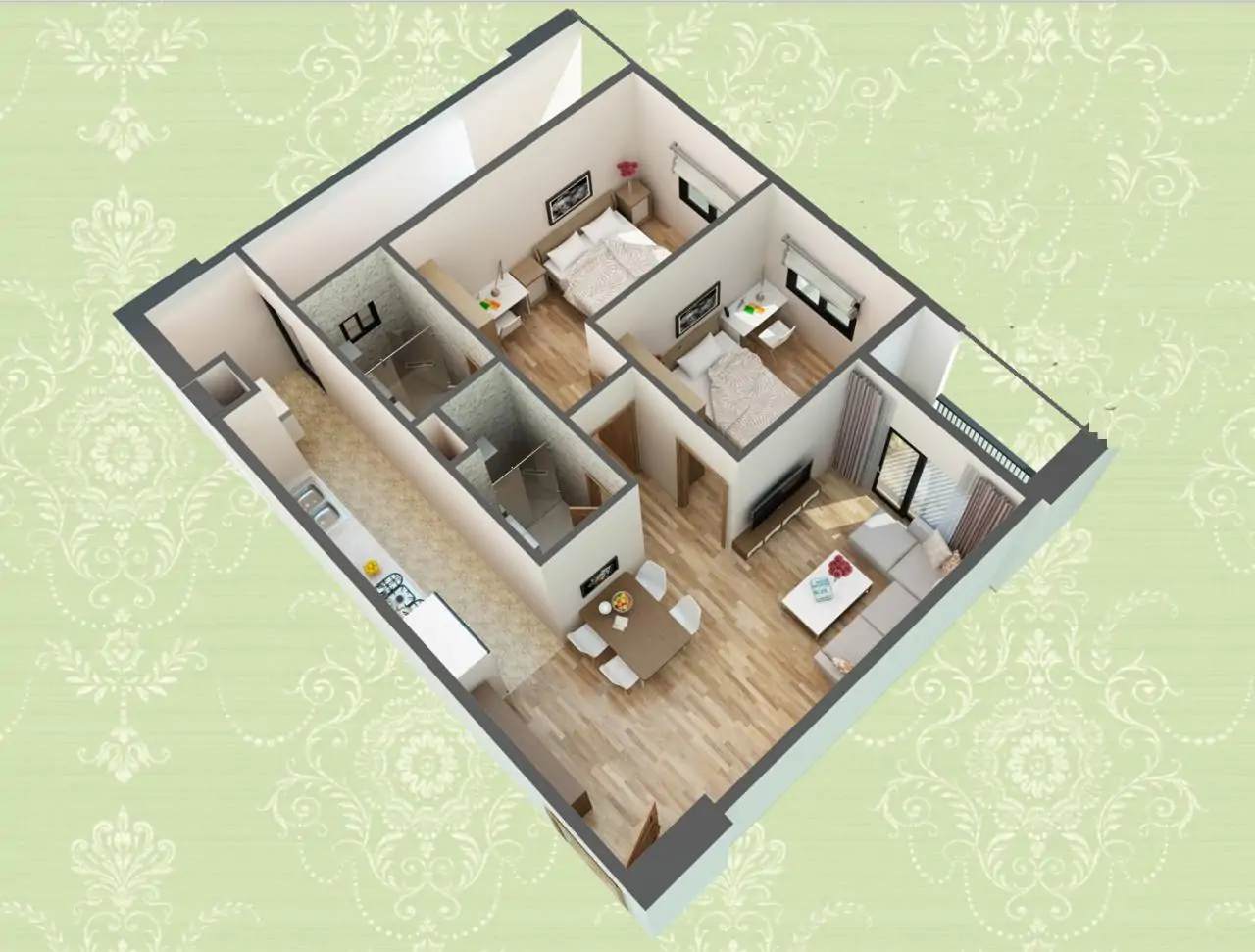 Thiết kế căn hộ với 2 phòng ngủ