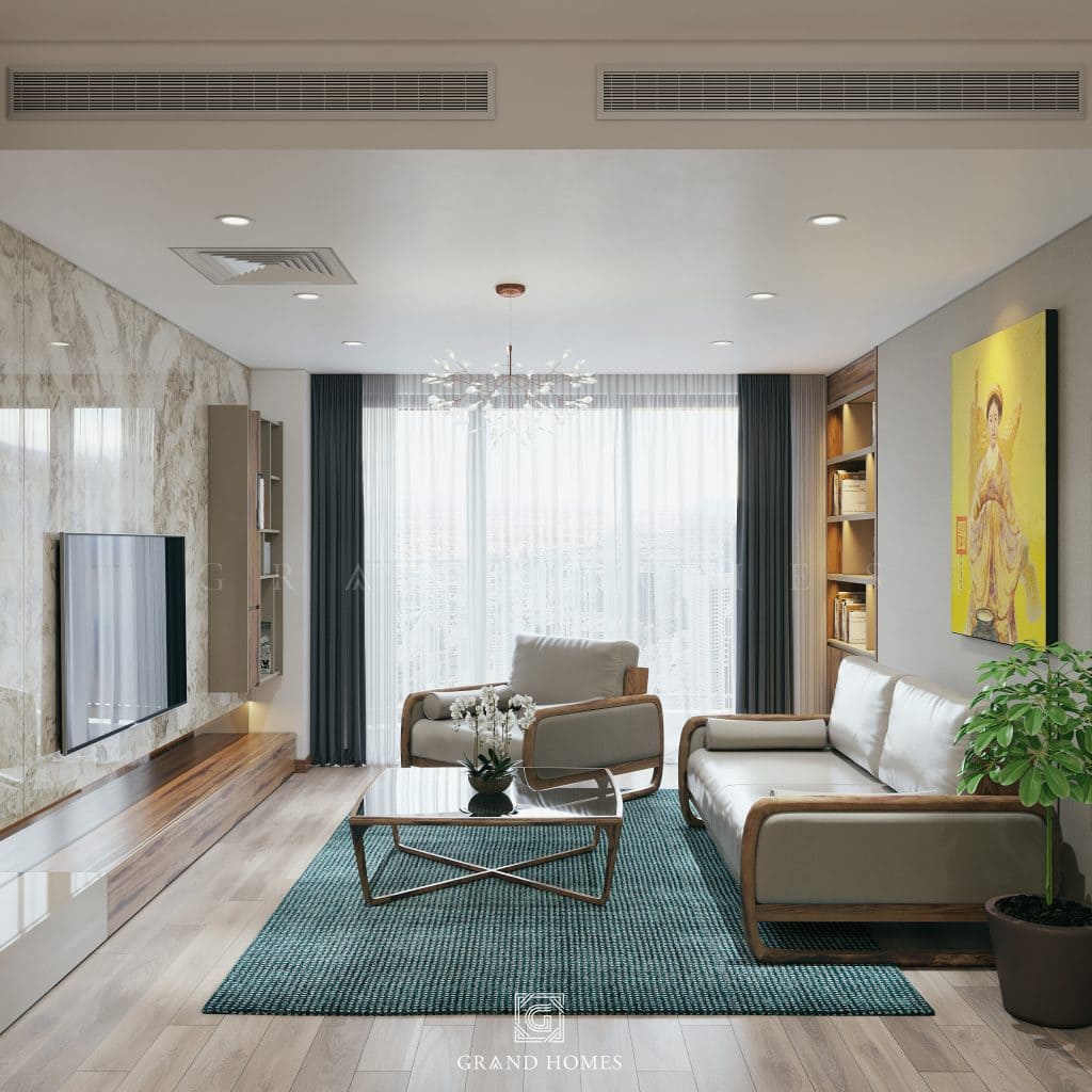 Mẫu thiết kế nội thất chung cư có phòng khách hiện đại với sofa cỡ lớn