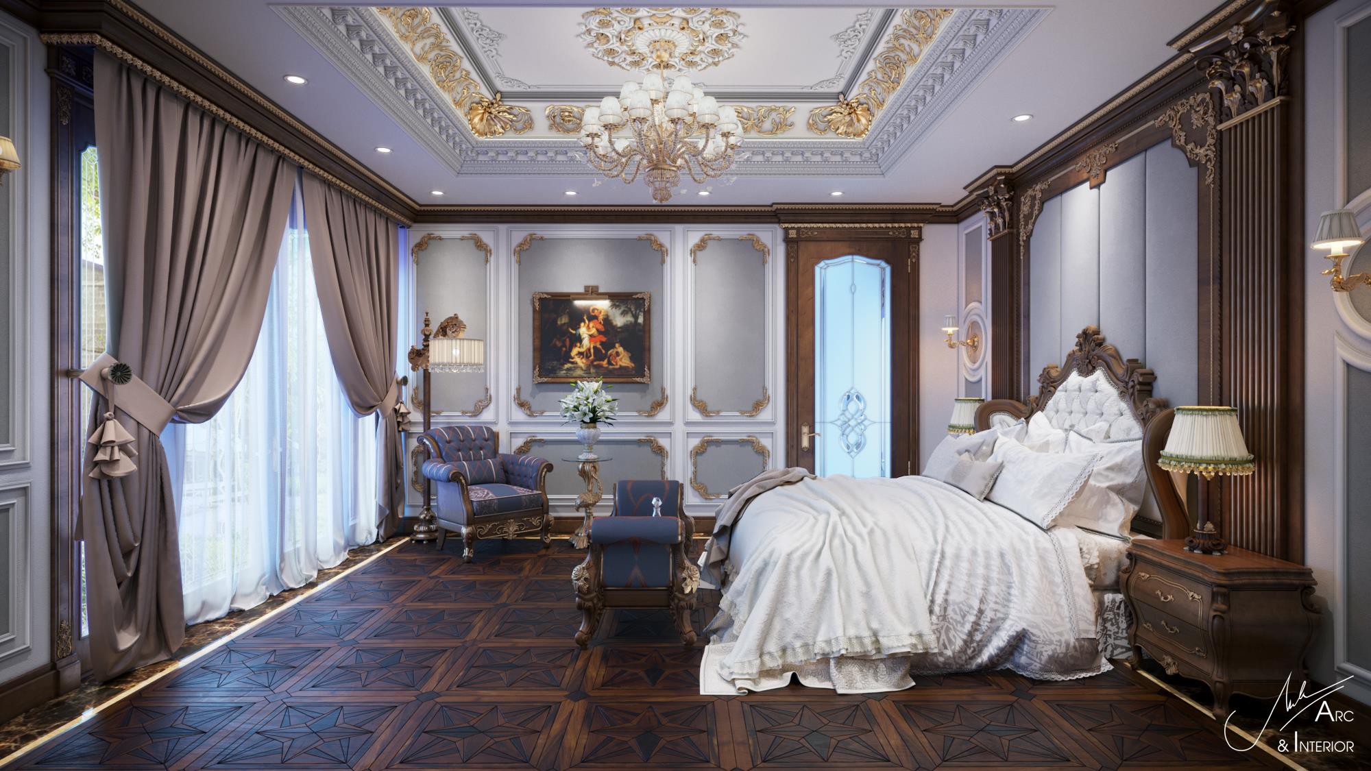 Phòng ngủ Master trong biệt thự phong cách Classic vô cùng sang trọng và ấn tượng