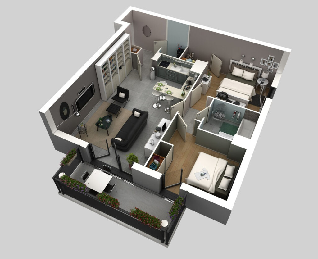 Gợi ý thiết kế nội thất căn hộ chung cư 56m2 với 2 phòng ngủ